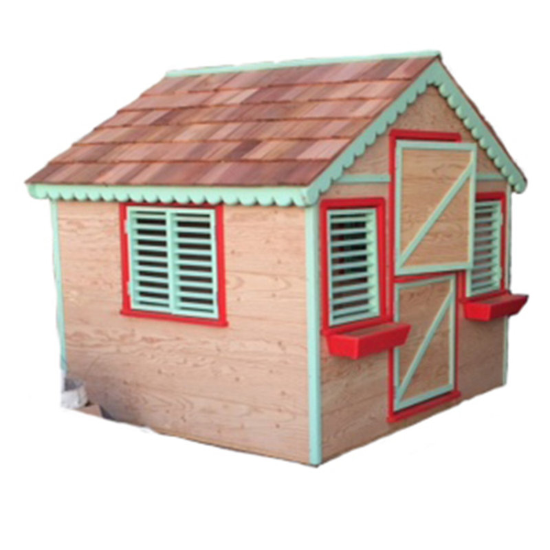 Wooden playhouse with a brown cedar shingle roof, red and mint green trim, a Dutch door, and flower boxes.