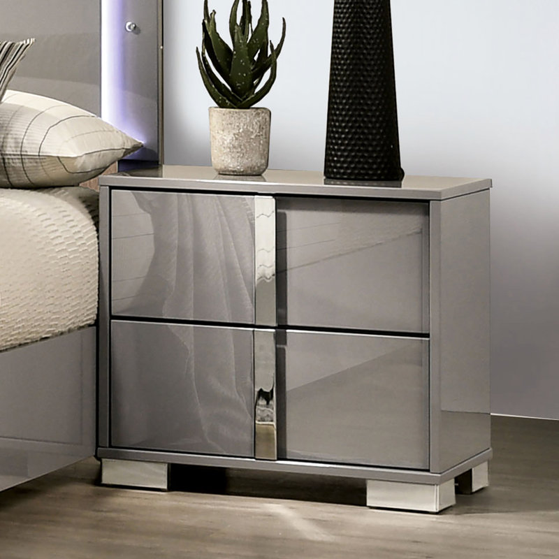 Table de chevet taupe de style contemporain, 2 tiroirs, pieds, poignées verticales, bois d'ingénierie, finition, décoration de chambre à coucher