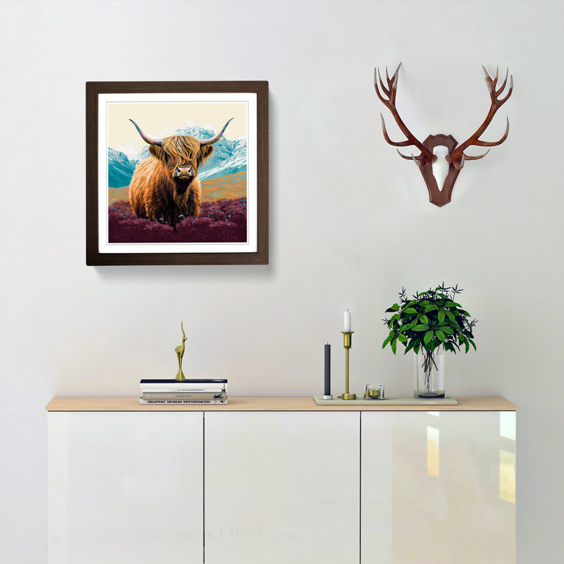 Highland Cow Color Field Painting - Single Picture Frame Print on Wood, Walnut