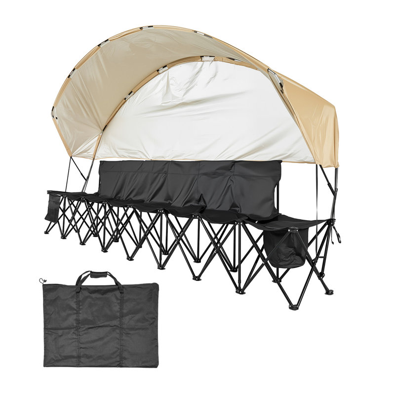 Banc pliant à six places avec parasol, poches de rangement, porte-gobelets et protection solaire complète, sièges confortables pour les activités de plein air, 6 sièges portatifs, pochettes, conception unique, aucun assemblage requis