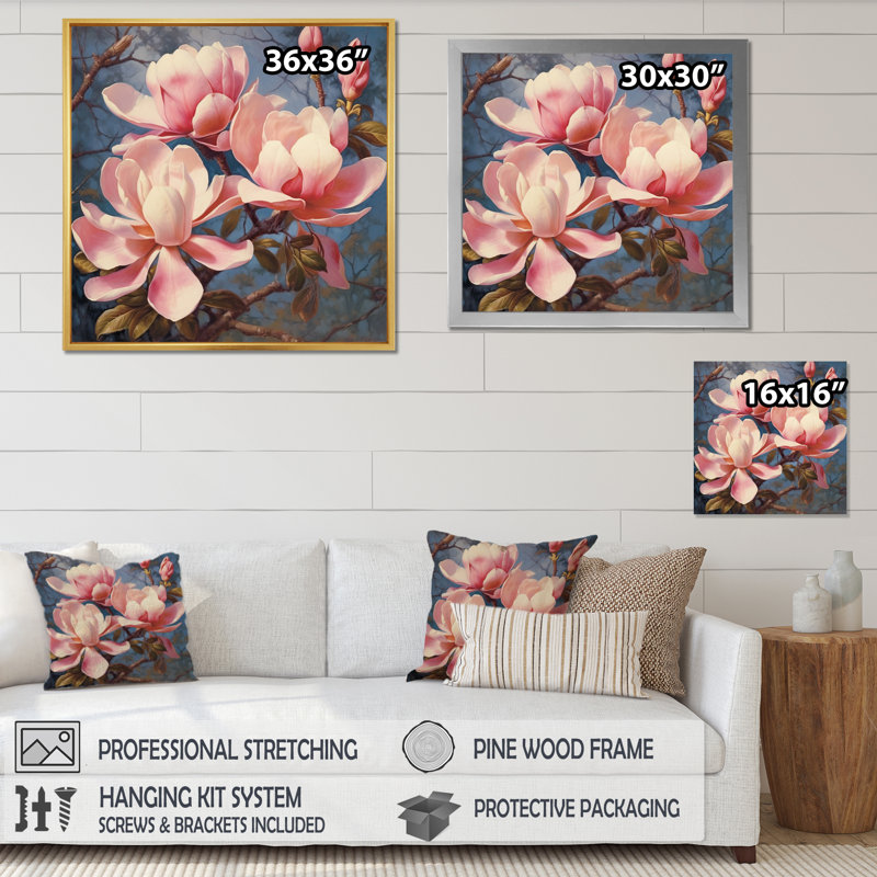 «Pink White Magnolias Elegance Landscape» sur toile, Cadre flottant noir, H 24 po x l 24 po x P 1 po