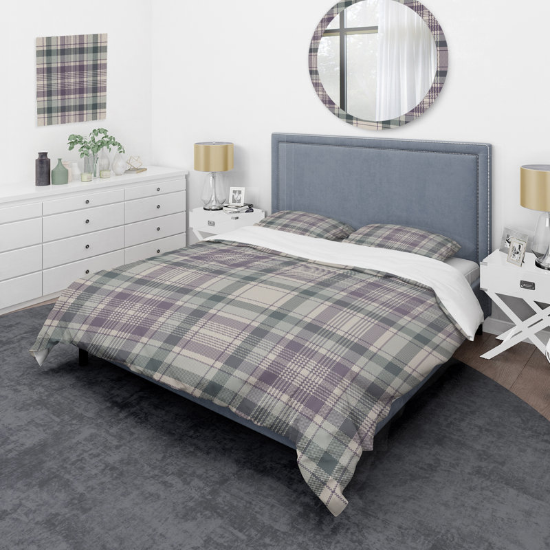 Tartan à carreaux crème et brun - Ensemble de housse de couette abstrait - Microfibre de polyester