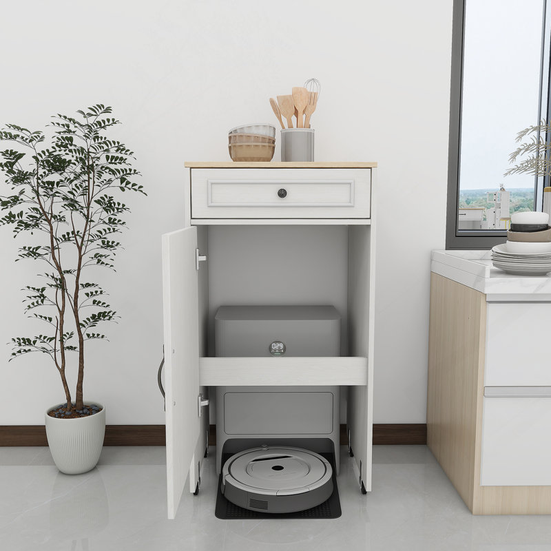 Robot aspirateur avec roulettes, support de rangement pour robot avec portes et tiroirs, table d'appoint pour salon, bureau personnel, cuisine - blanc antique