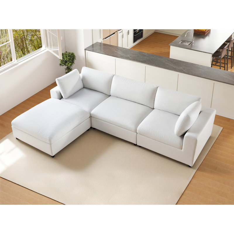 Canapé modulaire rembourré en L 114 po 4 places avec méridienne 114 po avec méridienne, blanc, Lin blanc
