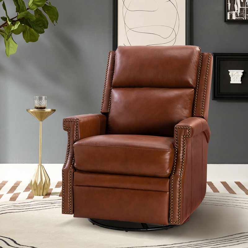 Manning 29.6" Wide Genuine Leather Manual Recliner, Brown Top Grain Leather