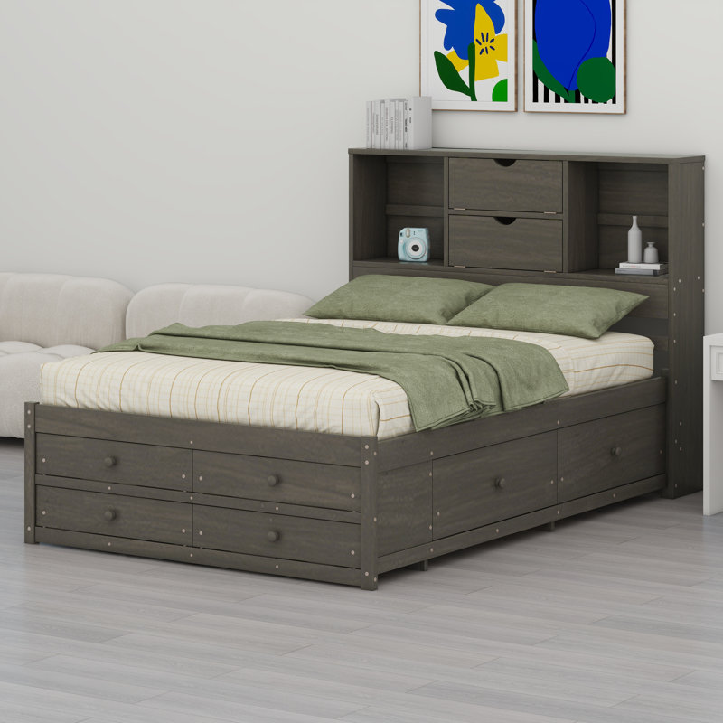 Lit plateforme avec tête de lit et tiroirs de rangement, Gris, Queen