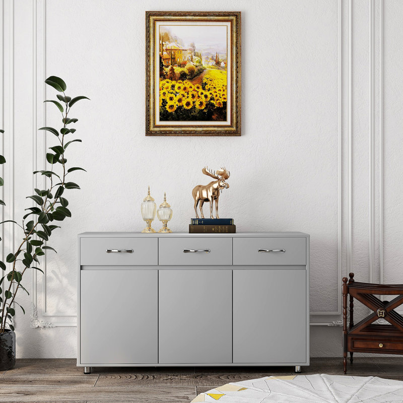 Table d'appoint grise avec 3 portes et différents compartiments de rangement avec glissières en métal E1 Degree pour une utilisation en douceur
