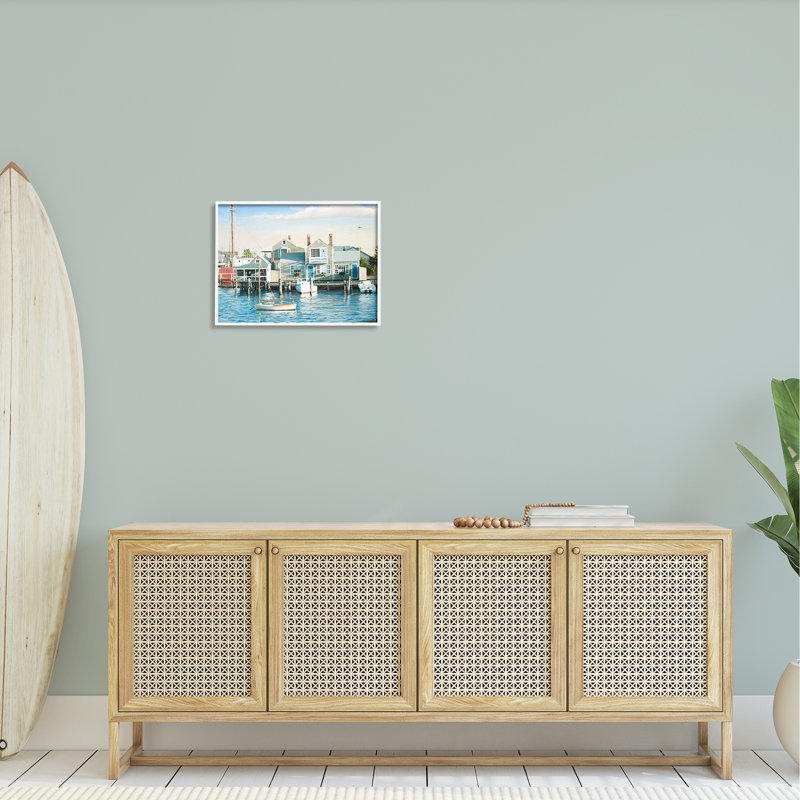 Port flottant de bateaux relaxants, H 16 po x l 20 po x P 1,5 po, Giclée encadrée blanc bord de mer