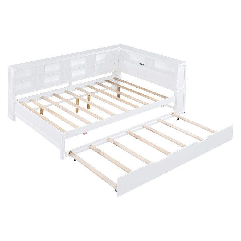 Lit de jour en bois avec lit gigogne simple, tablette de rangement et charge USB, parfait pour une vie moderne et fonctionnelle.