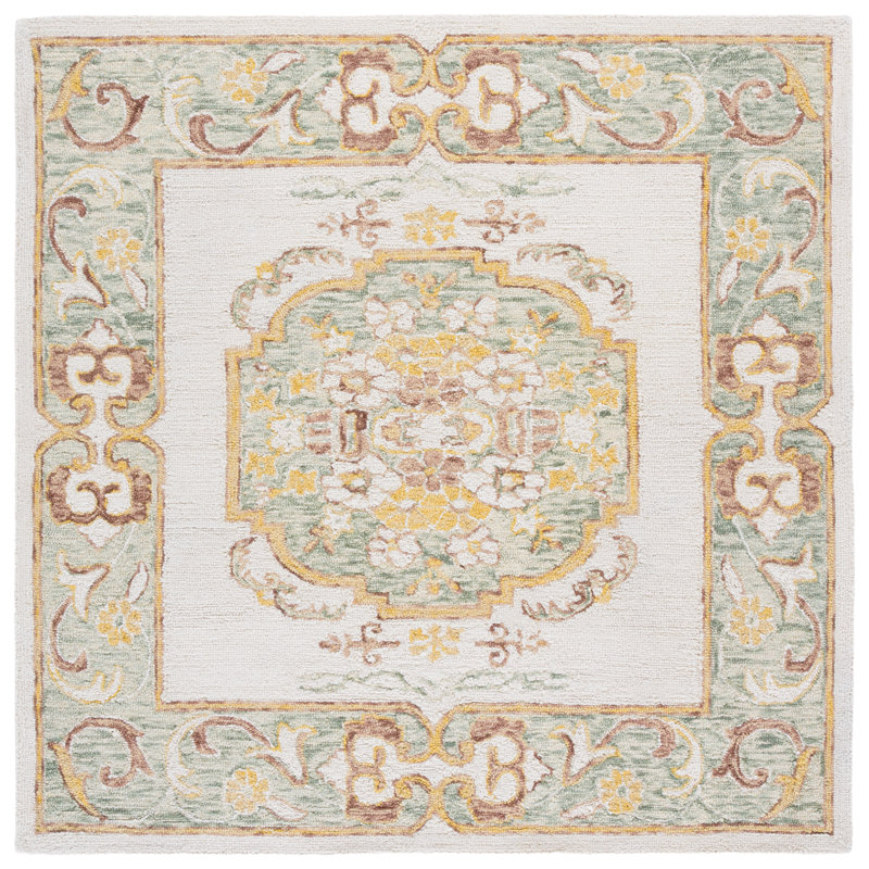 Hand Tufted Wool Cotton Floral Rug, Square 6'