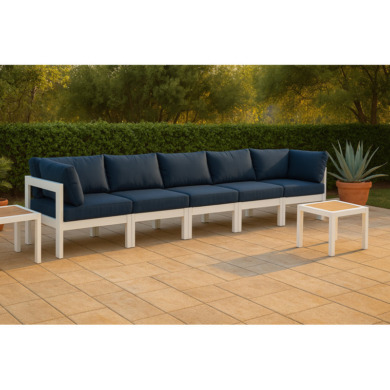 Kylis 180'' Wide Aluminum Patio Sofa with Cushions, White, Navy