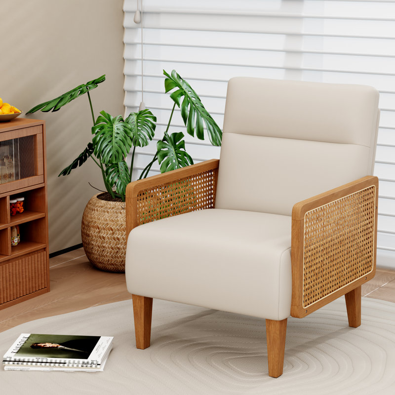 Upholstered Accent Chair With Rattan Arms And Solid Wood Legs, Beige