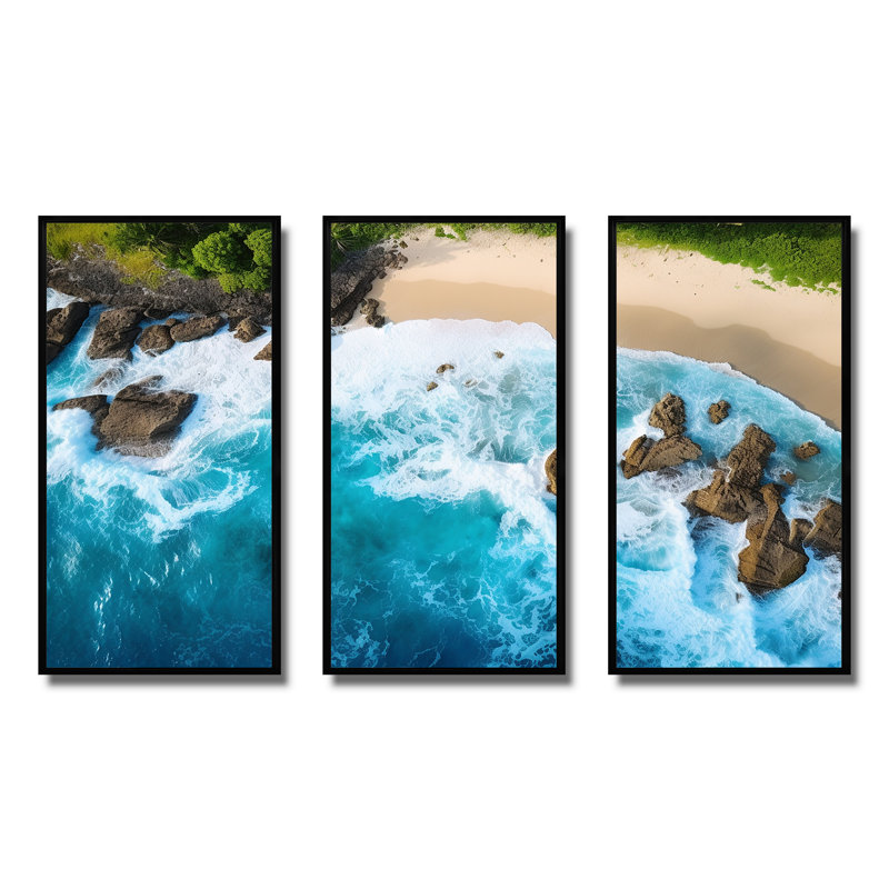 Vue aérienne de la plage rocheuse II - plage et océan, art mural, Cadre flottant noir, H 32 po x l 48 po