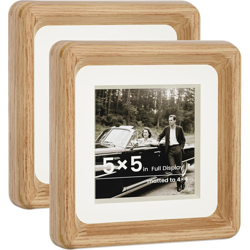 Paquet de 2 cadres photo en chêne blanc massif 5 x 5 - Présentoir à tapis convertible avec verre trempé