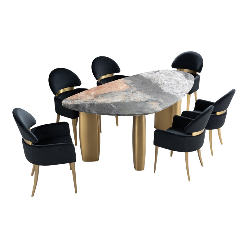 Ensemble de table de salle à manger en acier inoxydable 7 pièces avec plateau en pierre frittée Kaye, Noir / brun, Black