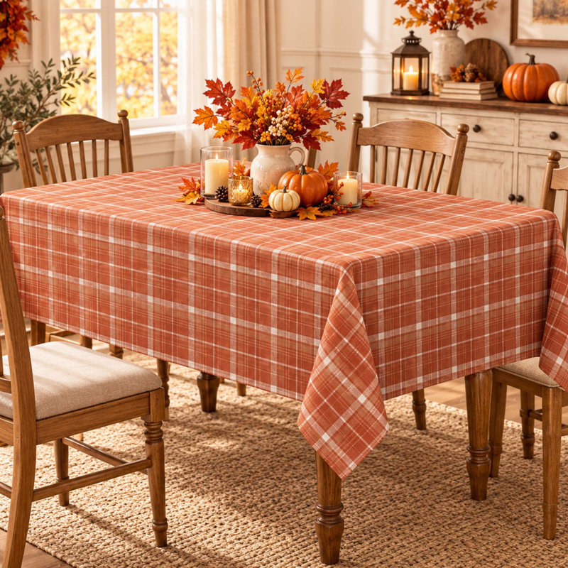 60" x 84" Orange Checkered Fall Tablecloth
