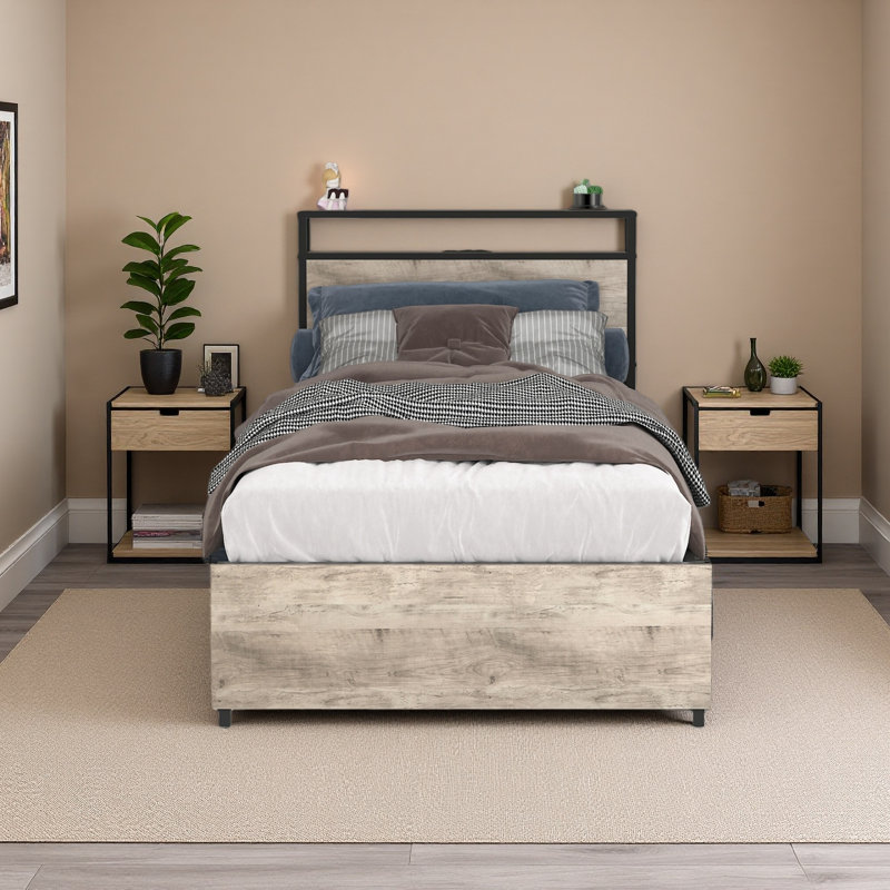 Twin Bed Frame, Storage Headboard With Charging Station, Solid And Stable, Noise Free, No Box Spring Needed, Easy Assembly