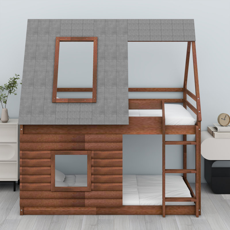 Lit superposé en bois avec toit, échelle et 2 fenêtres Wood House