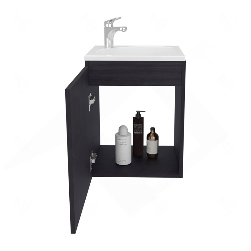 Meuble-lavabo flottant à une porte, avec lavabo en résine et une tablette, rangement pour salle de bain, noir, Noir