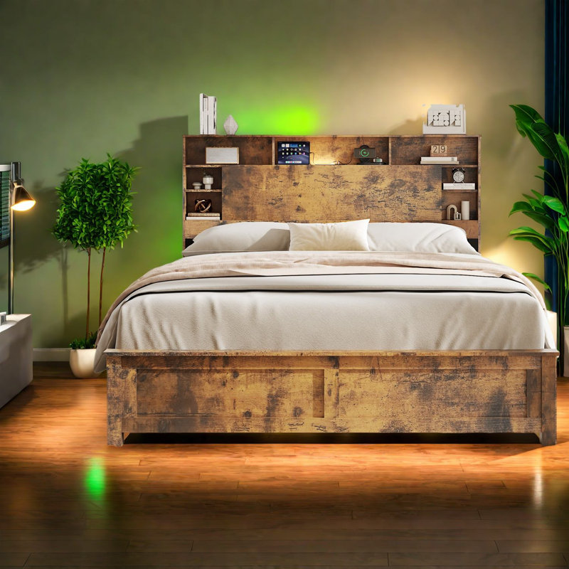 Grand lit moderne en bois avec rangement, ports USB et éclairage à DEL