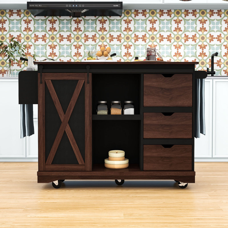 Îlot de cuisine roulant avec abattant, 3 tiroirs, porte de grange coulissante et tablettes réglables, Noir