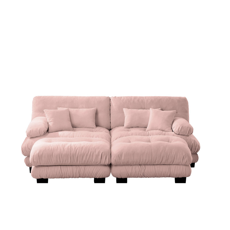 Canapé-lit 2 places en chenille rose de salon avec repose-pieds - tissu doux, rembourrage haute résilience