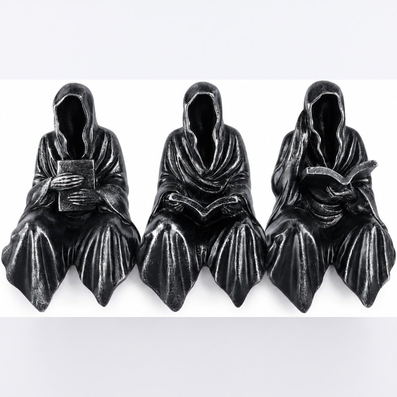 Ensemble de 3 sculptures d'intérieur gothiques en résine représentant un lecteur à capuchon, Noir et argenté