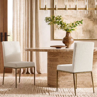Aureon Linen Blend Upholstered Dining Side Chairs with Gold Hammered Metal Legs and High Back for Dining Room