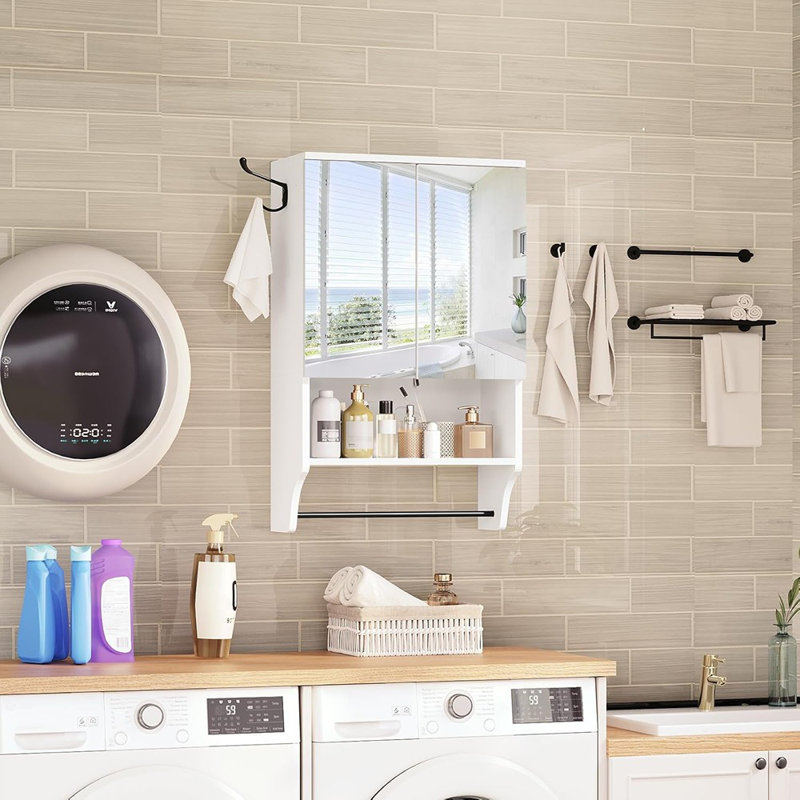 Armoire de salle de bain murale blanche à 2 portes avec miroir, tablette et porte-serviettes