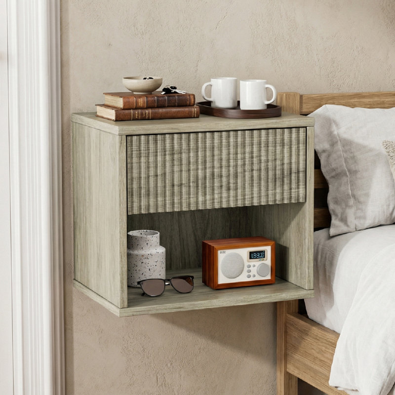 16 Inches Wide Floating Nightstand - 1 Drawer, 1 Shelf - Set Of 2, Gray