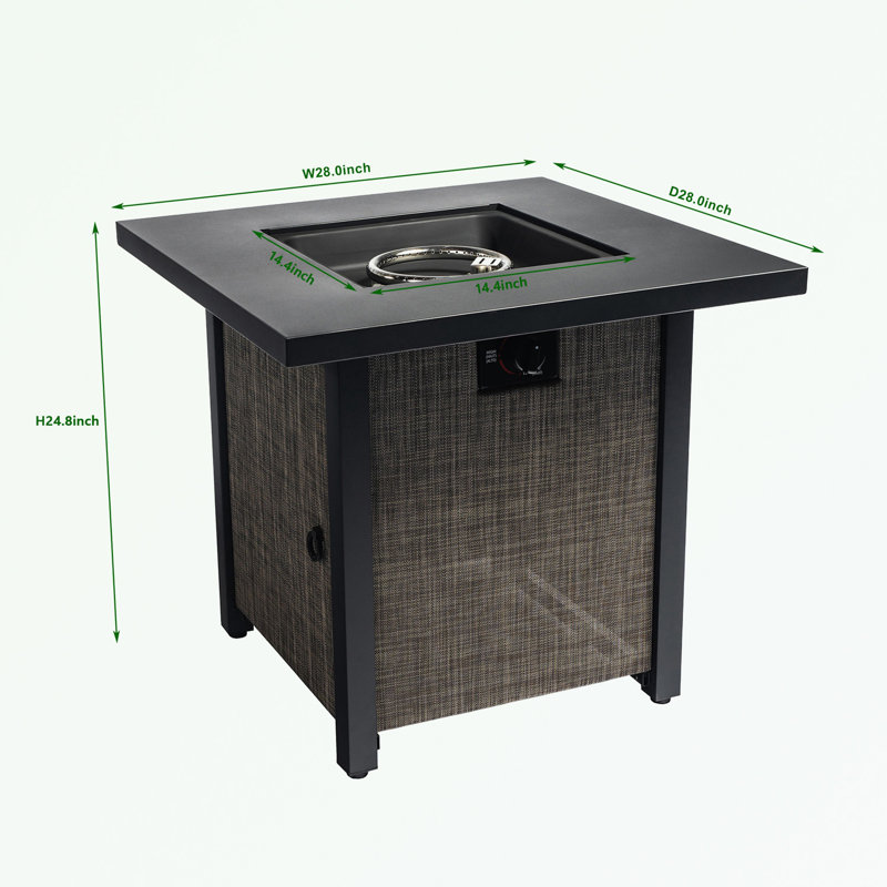 Table de foyer carrée carrée avec panneau latéral en polyester enduit de PVC, couvercle en acier et pierres