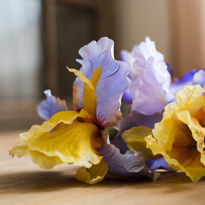 Tige artificielle de fleur irise, Deux tiges, Bleu jaune
