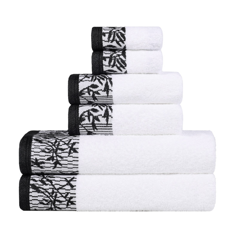 Carinna Cotton Medium Weight Floral Jacquard Border Assorted Bathroom Towel Set, White/Black, 6 Piece Towel Set