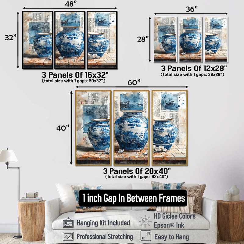 Ensemble de décorations murales China Potery II, Toile encadrée flottée blanche, H 28 po x l 36 po x P 1 po