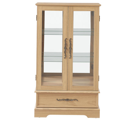 Lighted Glass Curio Display Cabinet with Adjustable Shelves - 2 Doors, 1 Drawer, LED Lights, Elegant Light Oak Finish