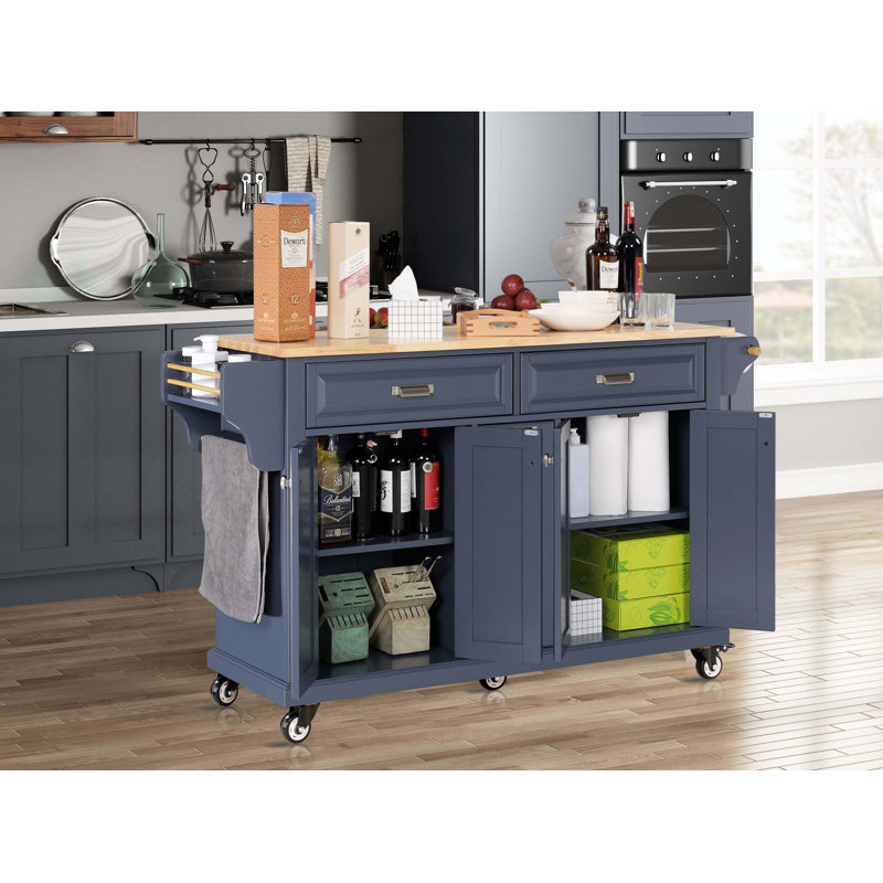 Îlot de cuisine avec plateau en bois massif Cavid, Bleu
