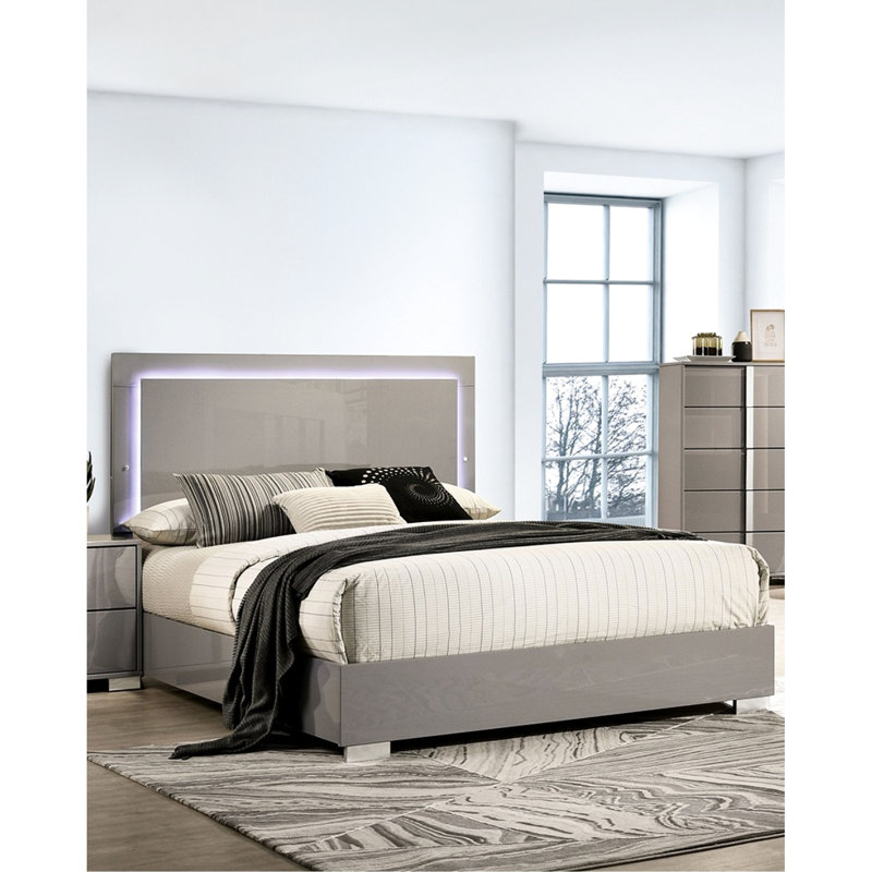 Taupe Transitional Bed For Eastern King Size, Led - Ornamental Headboard, Metal And Engineered Wood Bedframe With Vertical Handles Dull Finish Contemporary Built In On Finished Of Wood, Ideal Bedroom