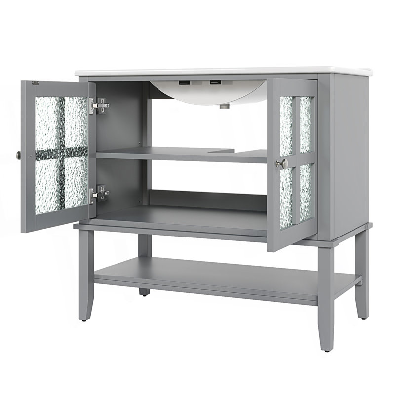 Meuble-lavabo avec lavabo en céramique, meuble-lavabo avec tablette réglable et tablette ouverte, Gris