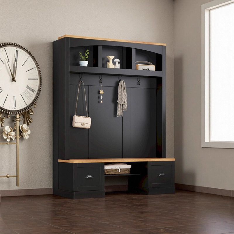 Arbre d'entrée 4-en-1 Farmhouse avec banc à grain de bois et tablettes réglables, portemanteau noir multifonctionnel pour le salon du vestibule