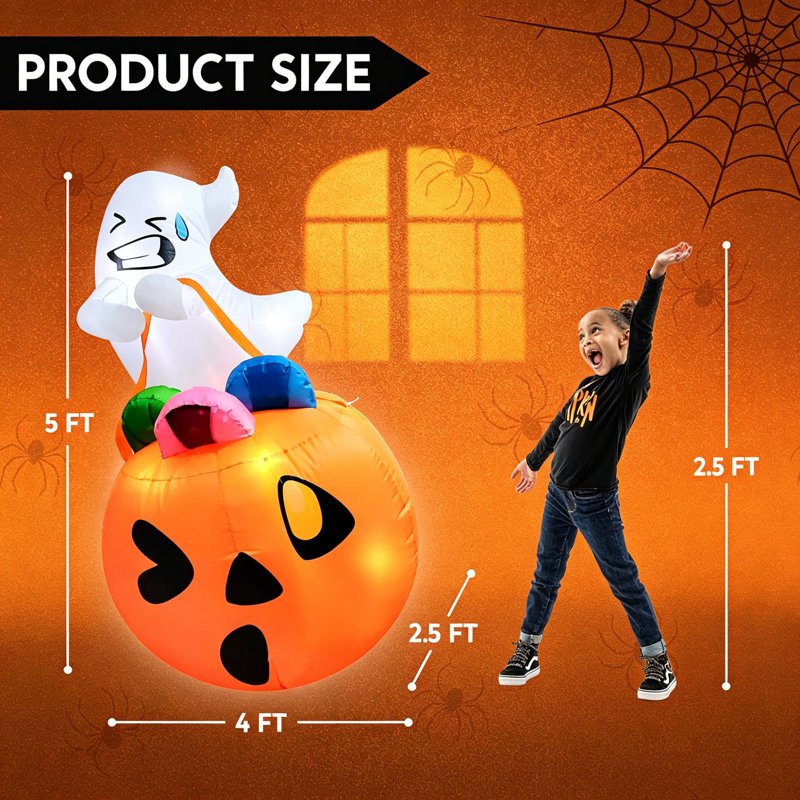 5 FT Tall Halloween Inflatable Cute Ghost Holding Pumpkin Candy Bag, Blow Up Yard Decoration with Built-in LEDs, Indoor & Outdoor Halloween Decor for Yard, Garden, Lawn, Party