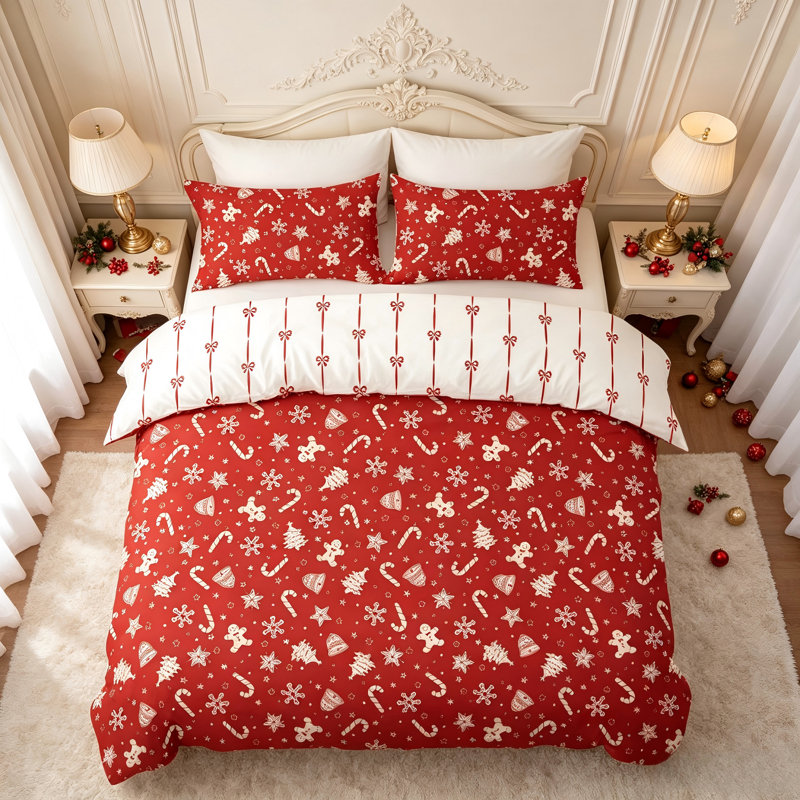 Ensemble de literie de Noël réversible avec couette, nœud papillon rouge et motif flocons de neige et sapin de Noël en microfibre douce pour le Nouvel An