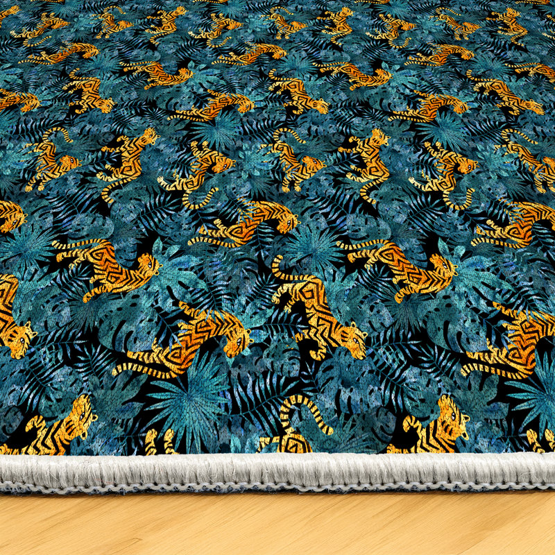 Florest Collection Digital Print Cotton-Polyester Blue Floral Leopar Animal Print Rug, Runner 3'4" x 16'5"