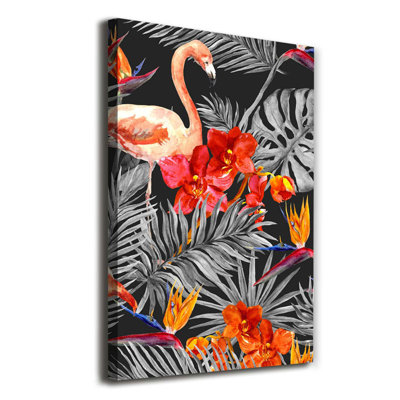 Flamingos And Flowers - Wrapped Canvas Print
