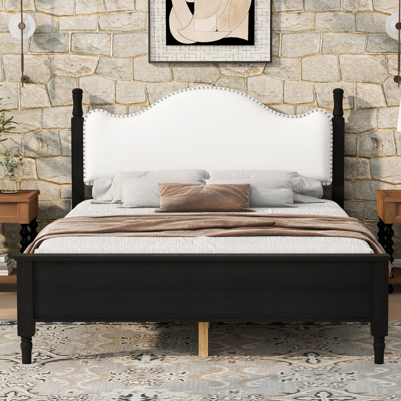 Lit plateforme en bois avec tête de lit tapissier et lattes, Queen, Noir blanc