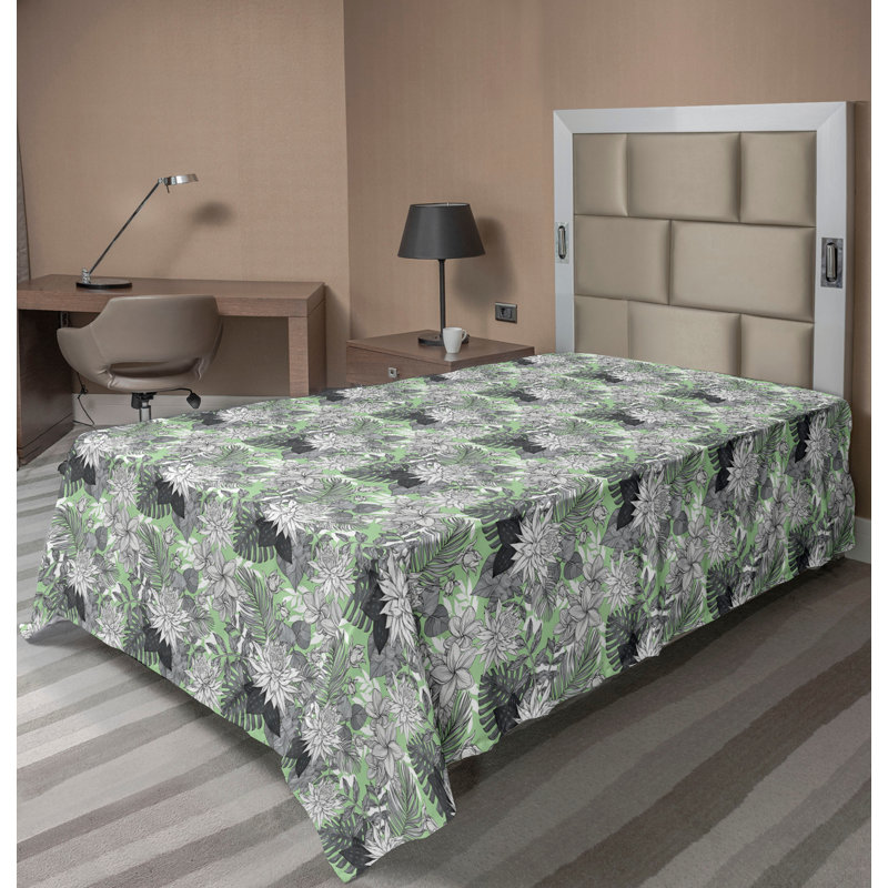 Drap plat moderne de style bohème Ambesonne, Vert pâle / gris / motif floral blanc, Drap plat pour lit simple TG