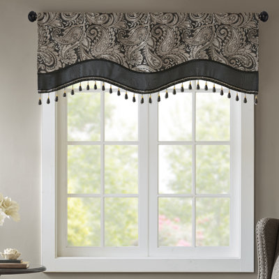Aubrey Black Paisley Jacquard Scalloped 50x18" Valance With Beads