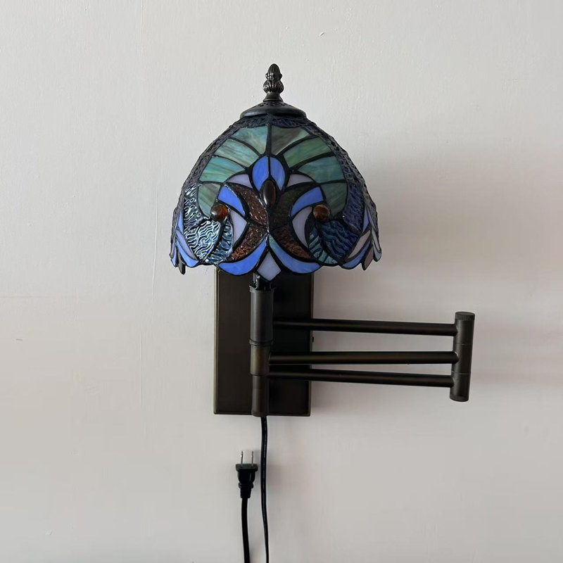 Tiffany Sconce Lamp Plug in Swing Arm Stained Glass LED Bulb Included 13”W*8”D*15”H, Blue/Yellow