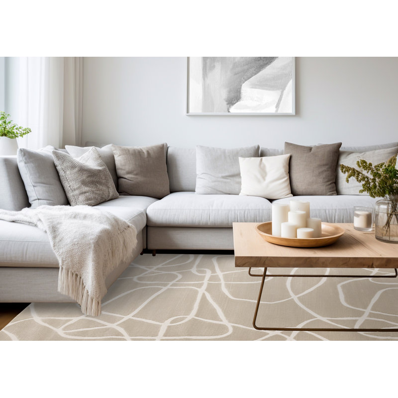 Tapis intérieur / extérieur ton sur ton / uni de 5 pi x 8 pi (5 pi 3 po x 7 pi 7 po), crème, crème et art déco - salon, chambre à coucher, salle à manger et cuisine