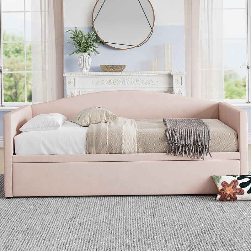 Velvet Daybed with Extended Pop Up Trundle, Pink
