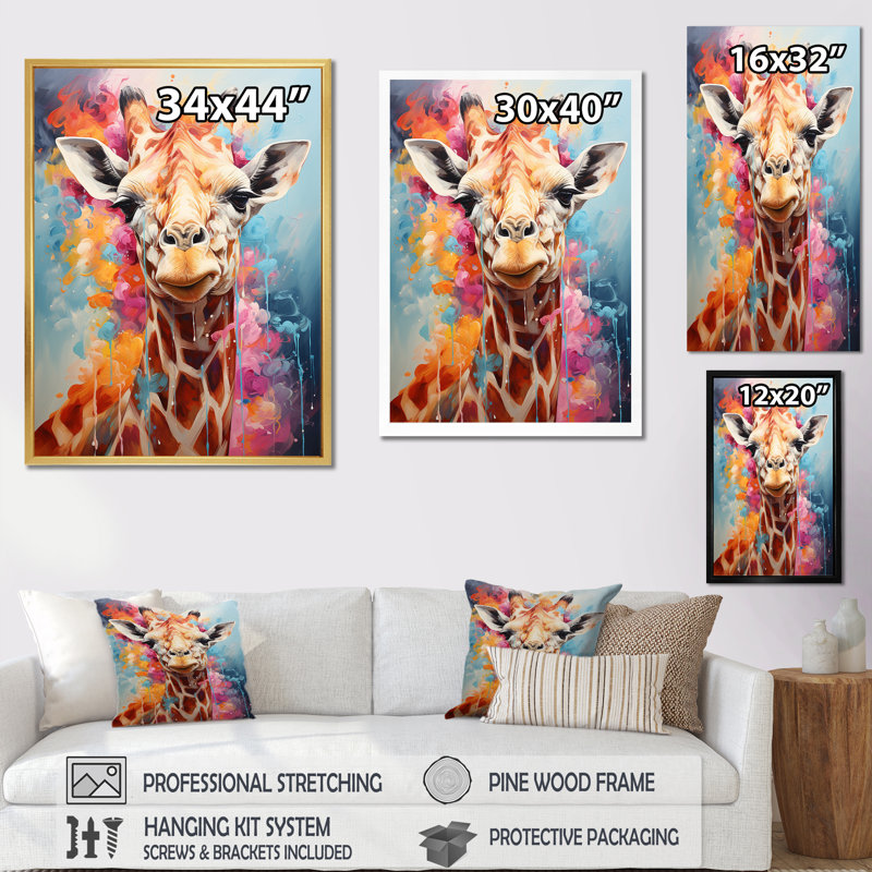 Popart Art, girafe multicolore sur toile, Cadre simple argenté, H 44 po x l 34 po x P 1,5 po